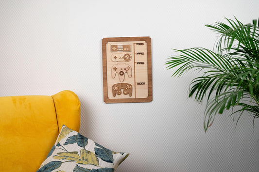 Timeline retro consoles – Wooden wall decoration gaming room geek vintage Nintendo retro gaming 80s 90s NES SNES N64 Game Cube