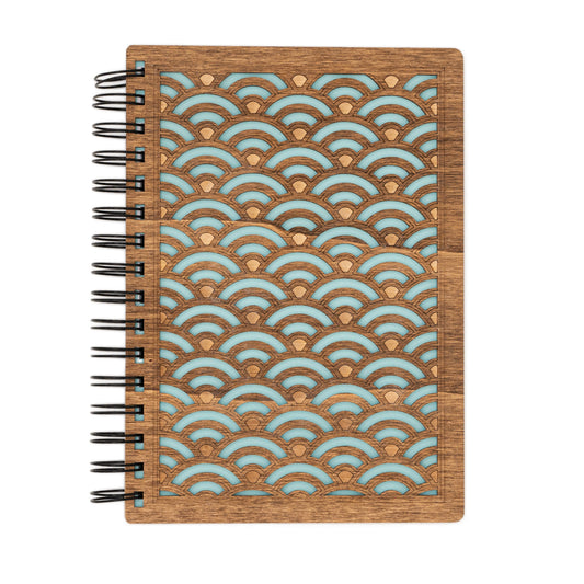 Carnet A5 en bois rechargeable – Motif vagues japonaises – Bullet journal spirale