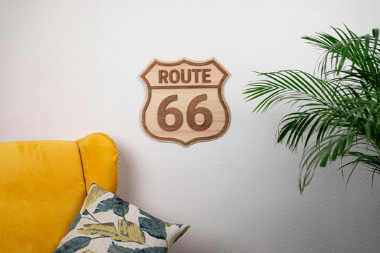 Route 66 wood wall decoration – Vintage USA car road trip sign – Retro American wall art – Made in France