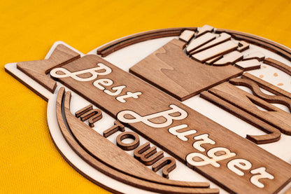 Plaque murale bois Best Burger In Town – Décoration diner rétro vintage USA – Applique murale fast food restaurant américain Made in France