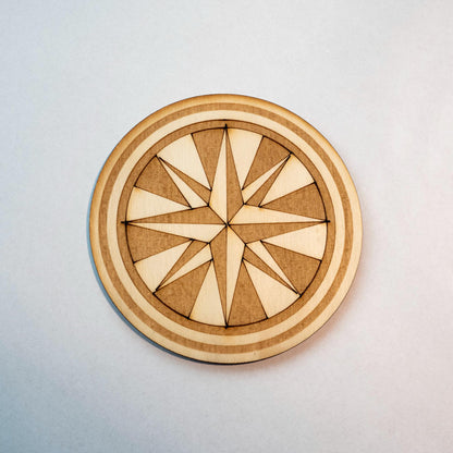 Set of 6 wooden "Rose des Vents" coasters with storage holder - Retro vintage steampunk style - Travel, navigation and boating