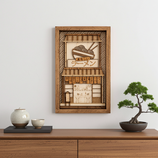 Tableau en bois boutique de ramen – Décoration murale japonaise urbaine
