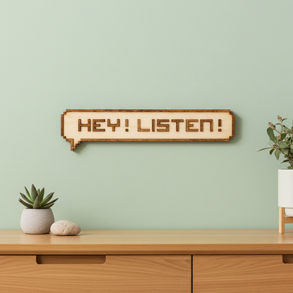 Hey Listen – Bulle pixel décoration murale gaming rétro en bois