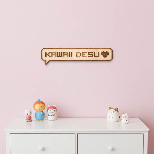Décoration murale Kawaii desu en bois – Pixel art japonais