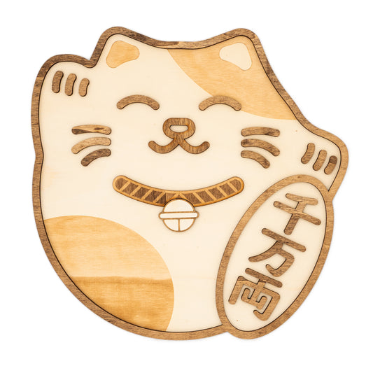 Décoration murale Maneki Neko en bois – Chat porte-bonheur japonais