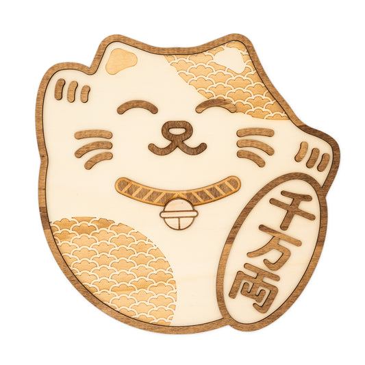 Applique murale en bois Maneki Neko motif Vagues – Chat porte-bonheur japonais