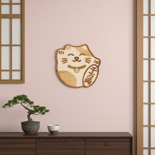 Applique murale en bois Maneki Neko motif Vagues – Chat porte-bonheur japonais