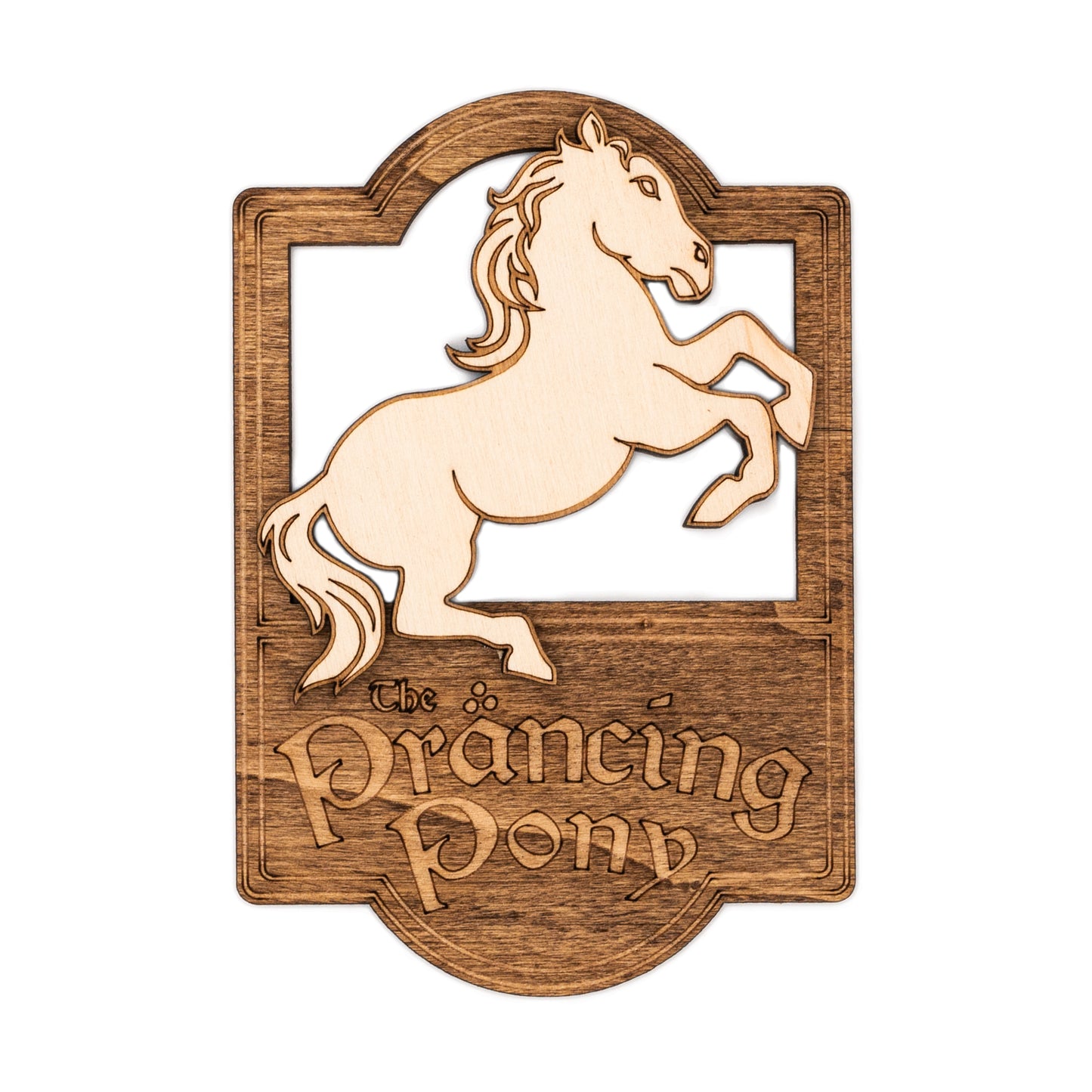 Enseigne miniature de taverne “Prancing Pony” en bois – Décoration murale fantasy