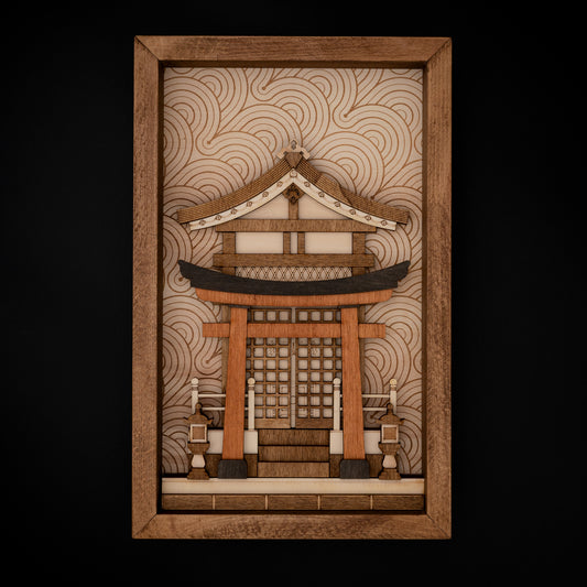 Tableau en bois sanctuaire shinto – Décoration murale inspirée du Japon traditionnel