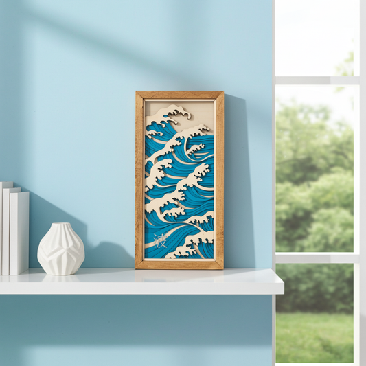 Tableau vague japonaise en bois – Décoration murale artisanale inspirée de Hokusai