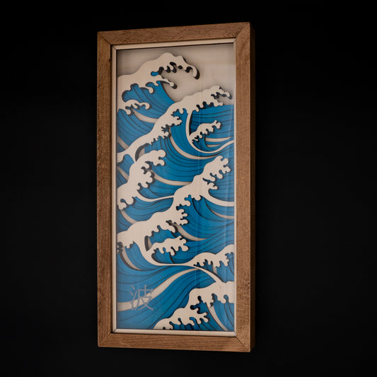 Tableau vague japonaise en bois – Décoration murale artisanale inspirée de Hokusai