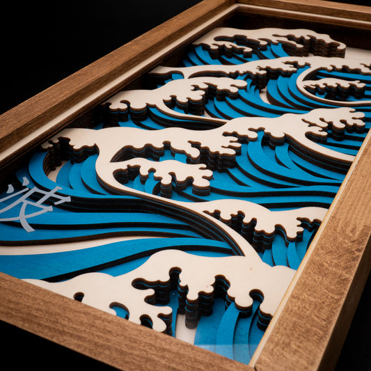 Tableau vague japonaise en bois – Décoration murale artisanale inspirée de Hokusai