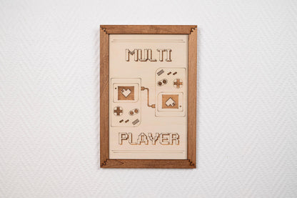 Tableau décoratif Multi Player en bois – Rétro gaming 8-bit – Cadeau geek couple Saint-Valentin vintage