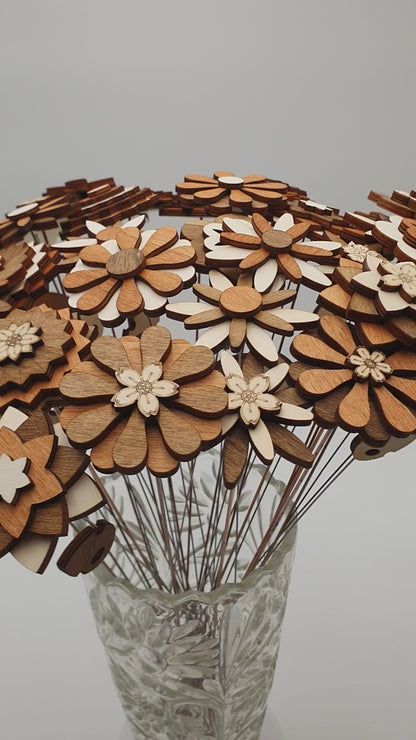 Fleurs décoratives en bois sur tige – Lot de 6 – Décoration florale éternelle à piquer dans vos bouquets, plantes ou compositions