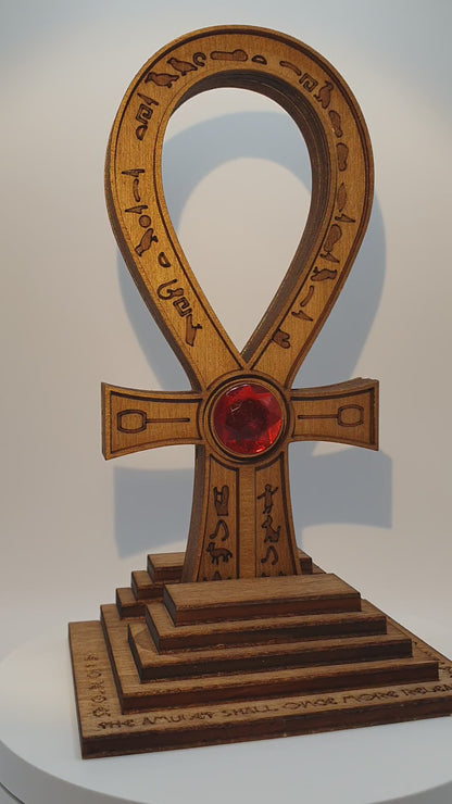 Tomb Raider Inspired Horus Amulet - Egyptian Ankh in Wood - Mystical Sculpture with Hieroglyphs and Red Stone - Fantasy Decor