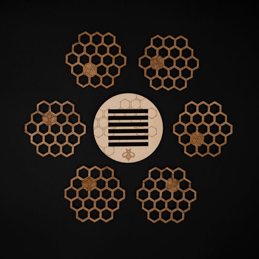 Set de 6 sous-verres en bois nid d’abeille – Motif hexagonal apiculture