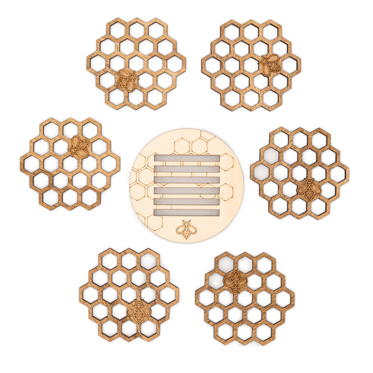 Set de 6 sous-verres en bois nid d’abeille – Motif hexagonal apiculture