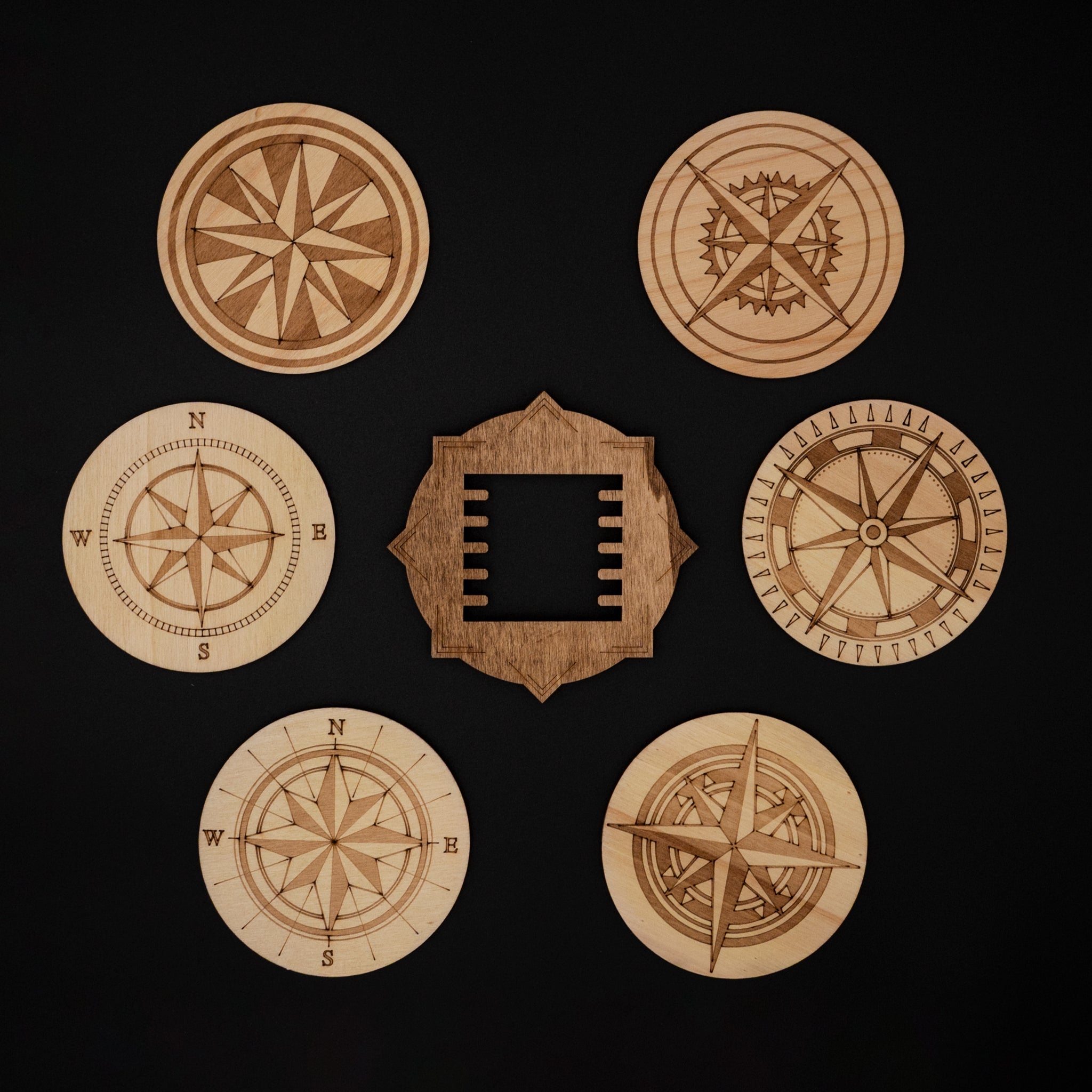 sous verres bois steampunk rose des vents et socle