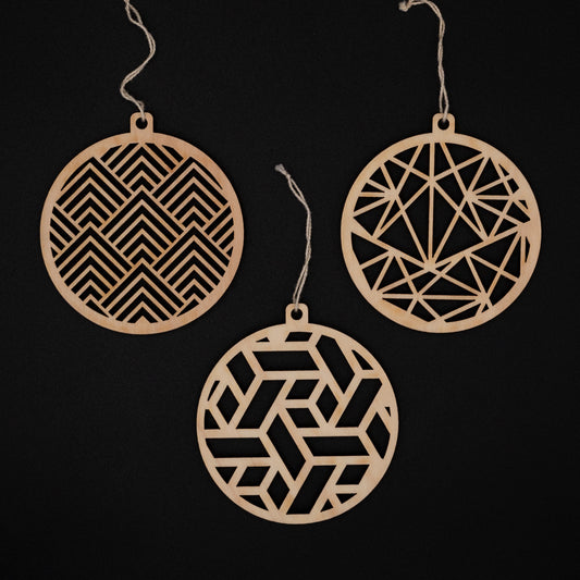 Set of 3 Wooden Christmas Baubles - Modern Geometric Decorations - Laser Cut Plywood Handcrafted Ornaments - Tree Hangings